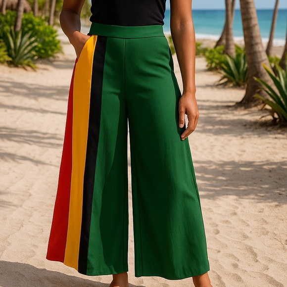 Farm Rio Boho Reggae Festival Striped Green Pink Asymmetrical Cropped Pants G/L - Picture 12 of 13